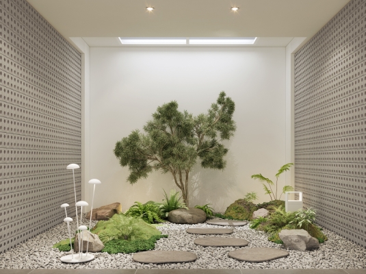 现代新中式室内景观小品，绿植苔藓蘑菇