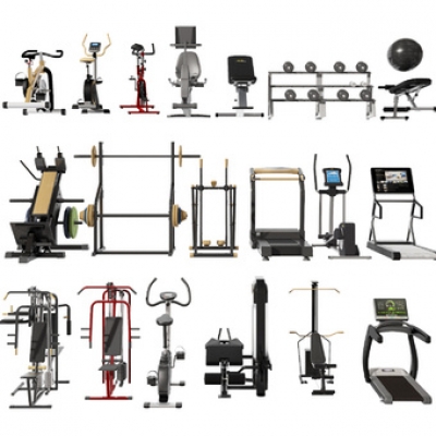 现代健身器材 运动设备举重，哑铃，跑步机，动感单车，su模型
