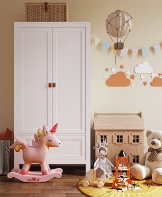 现代儿童玩具，玩具柜，摇椅，云朵热气球墙饰