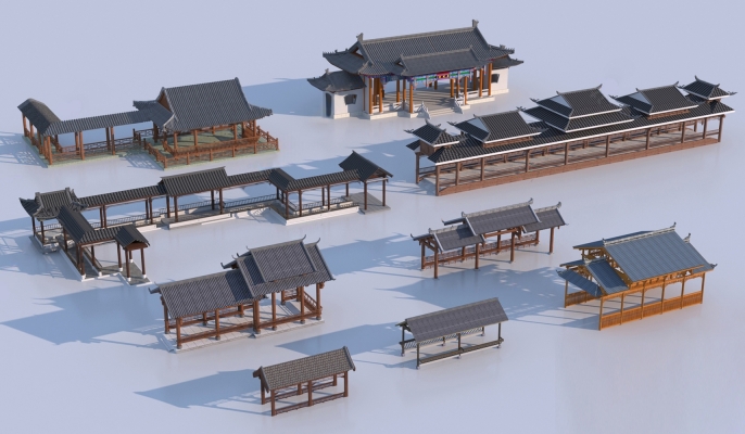 中式古建长廊，连廊3D模型 