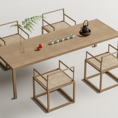 新中式茶桌椅su模型_