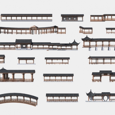 中式古建长廊 廊架 连廊水榭牌楼su模型