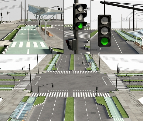 十字路口交通信号灯，马路su模型