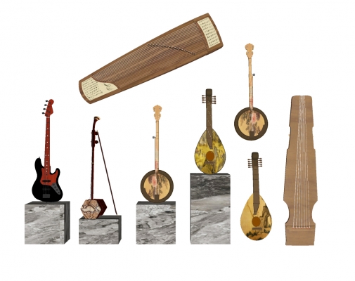 中式乐器 古筝，扬琴，琵琶二胡吉他su模型