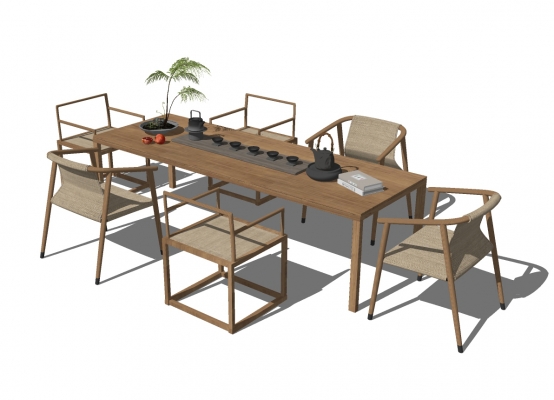 新中式禅意原木茶桌椅组合SU模型