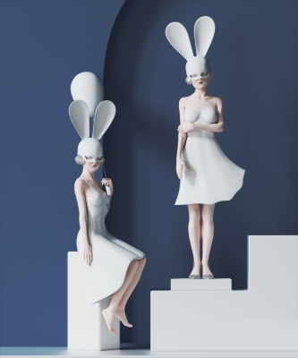 现代女孩雕塑摆件兔女郎su模型
