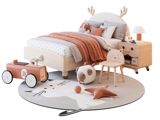 现代儿童床 ，圆形地毯，床头柜玩具车su模型