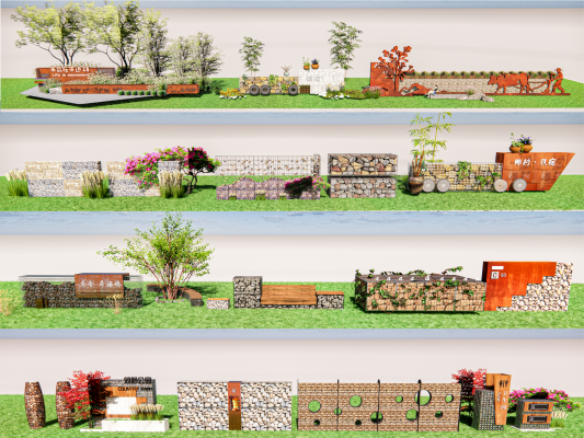 新中式石笼景观墙模型