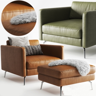 现代皮革单人沙发脚蹬3D模型
