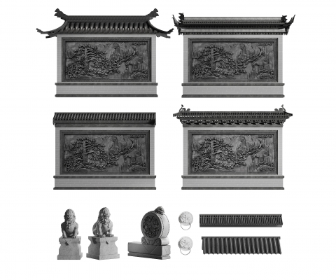 中式照壁,屋檐,石鼓su模型