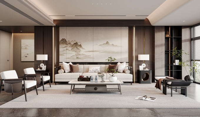 新中式家居客厅su模型