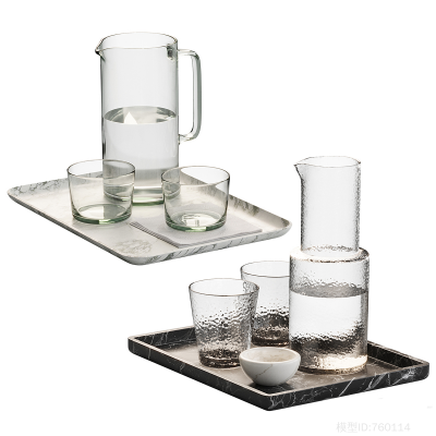 现代餐具 水杯 玻璃水壶,托盘玻璃器皿su模型