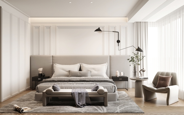 现代时尚家居卧室，高靠背双人床，床尾凳，休闲沙发椅子圆形边几，3D模型v
