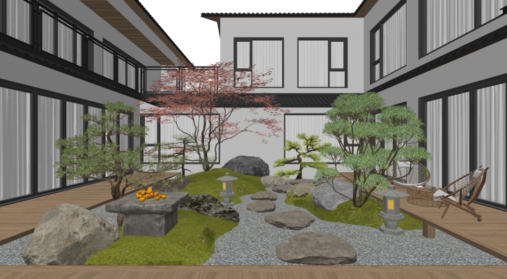 新中式别墅庭院花园SU模型