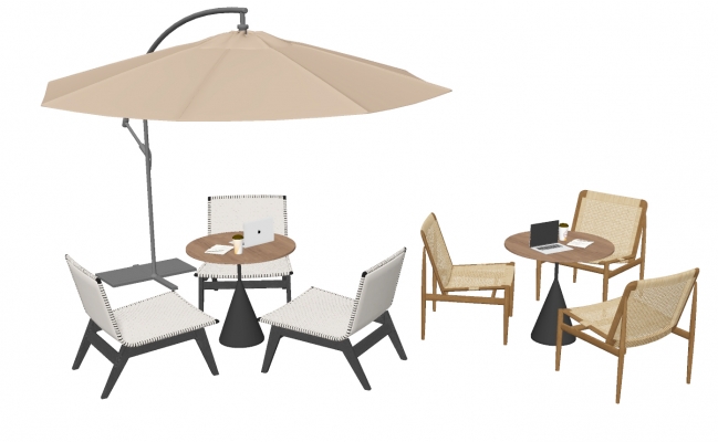 现代户外休闲桌椅，遮阳伞SU模型