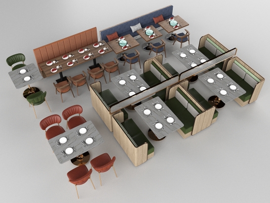 现代餐厅卡座沙发，卡位餐饮餐桌椅su模型 (1)
