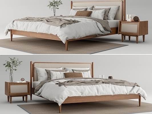 北欧实木双人床，床头柜SU模型