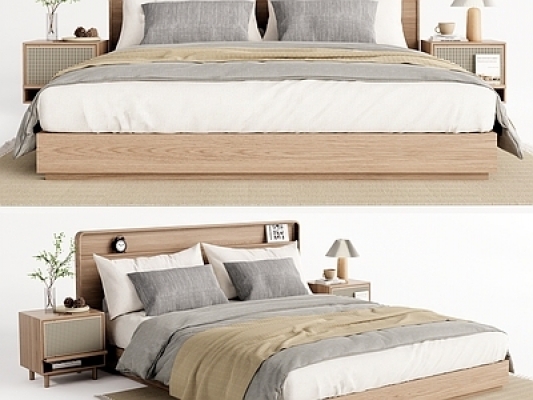 北欧风双人床，床头柜组合SU模型