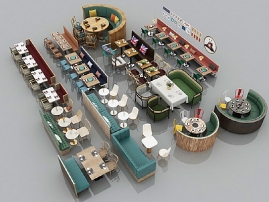 现代卡座沙发，餐厅餐桌椅组合SU模型
