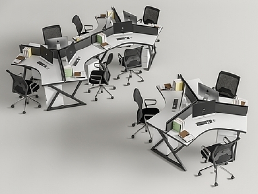 现代公共办公桌椅，员工工位SU模型