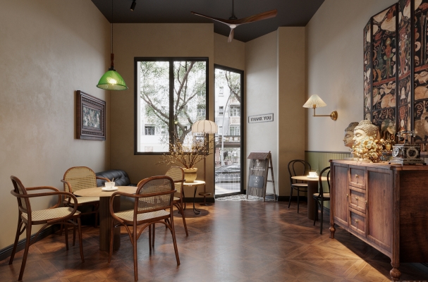  现代中古风咖啡厅休息区 