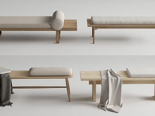 日式原木床尾凳组合SU模型