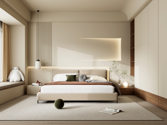 现代，卧室，奶油风卧室，双人床床头柜，地毯大白