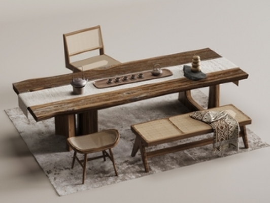 新中式茶桌椅组合SU模型