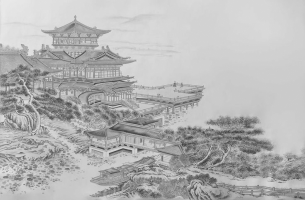 新中式建筑线条背景壁纸 壁布 壁画 软包墙面 屏风画 (3)