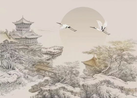 新中式建筑线条背景壁纸 壁布 壁画 软包墙面 屏风画 (8)