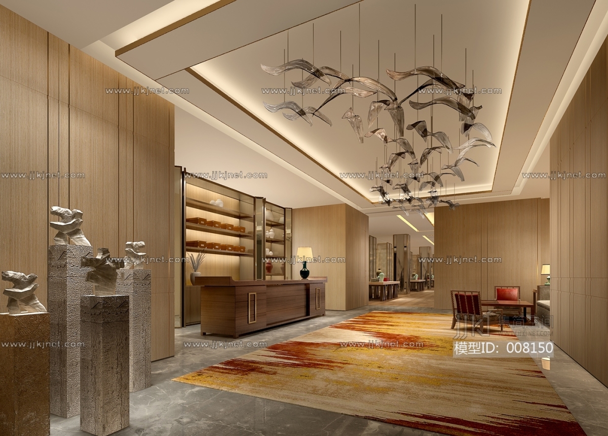 Z04-0614新中式酒店大厅大堂3d模型下载-【集简空间】「每日更新」