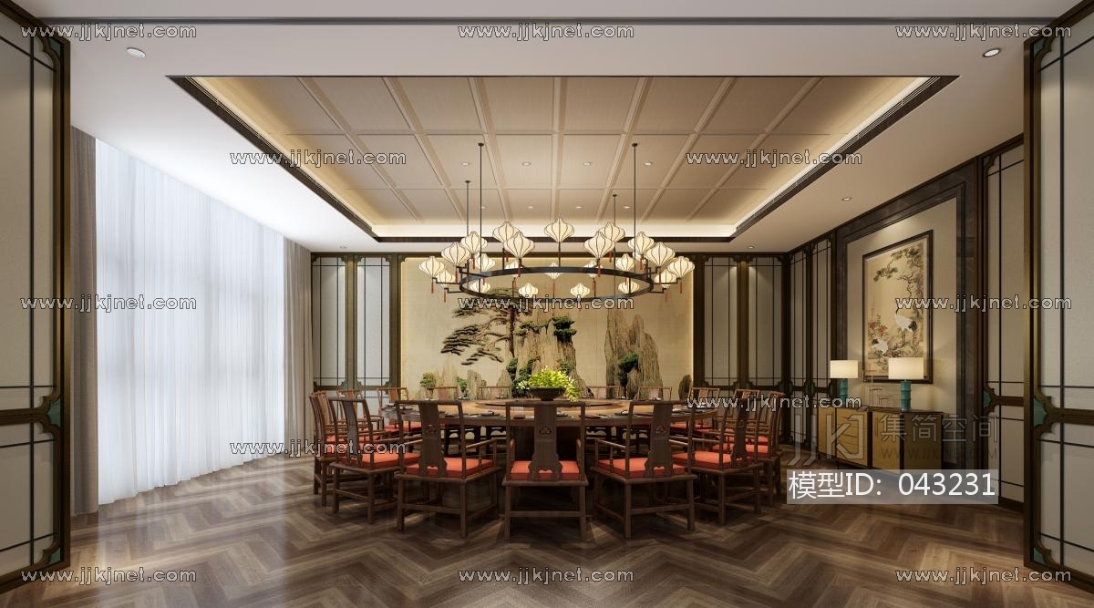Z18-0605新中式餐厅包房包间餐桌椅吊灯3d模型下载-【集简空间】「每日更新」