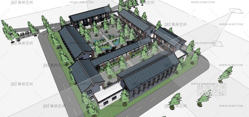 85中式古典建筑四合院，四合院别墅会所，四合院民宿，度假村，中式合院民宅，庭院景观，四合院大门 门头 su草图模型下载 -【集简空间】「每日更新」