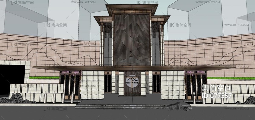 47新中式售楼处会所 售楼处大门 门口景观 新中式会所门头,拴马狮子柱,中式入口景观,商业街区 商业中心 su草图模型下载 -【集简空间】「每日更新」
